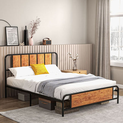 King Size Bed Frame Steel Bed Base with Headboard 160 x 207cm Brown