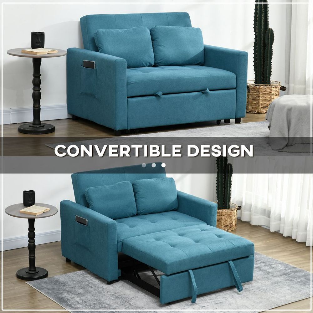 2 Seater Sofa Bed Convertible Bed Settee with Cushions, Pockets, Blue