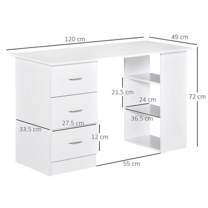 120cm Computer Desk PC Table Workstation w/ 3 Shelf & Drawers White