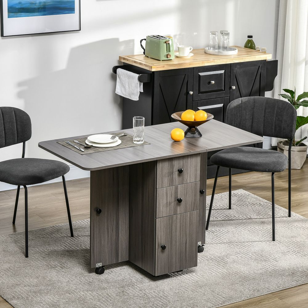 Folding Dining Table, Drop Leaf Table With Storage Drawers Grey