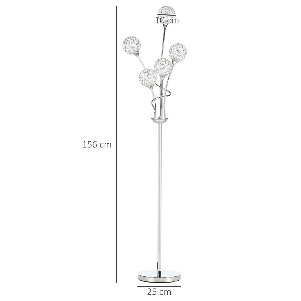 Crystal Floor Lamp for Living Room, 5 Light Upright Standing Lamp, Silver