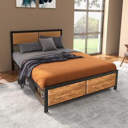 Double Size Bed Frame Steel Bed Base with Headboard 147 x 197cm Brown