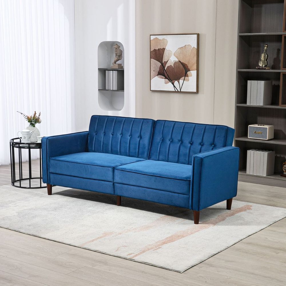 Convertible Velvet-Touch Tufted Futon Blue