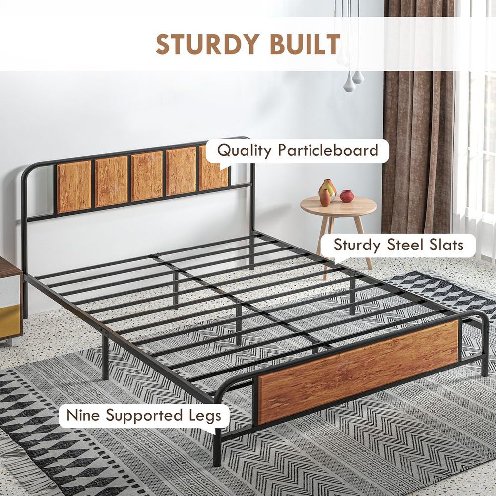 King Size Bed Frame Steel Bed Base with Headboard 160 x 207cm Brown