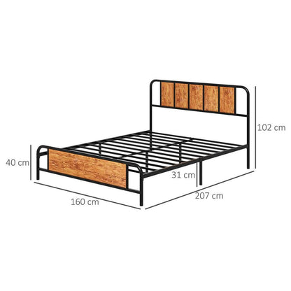 King Size Bed Frame Steel Bed Base with Headboard 160 x 207cm Brown