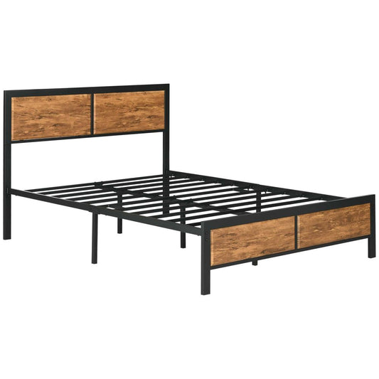 Double Size Bed Frame Steel Bed Base with Headboard 147 x 197cm Brown