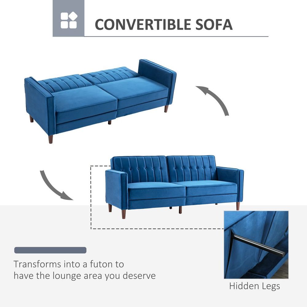 Convertible Velvet-Touch Tufted Futon Blue