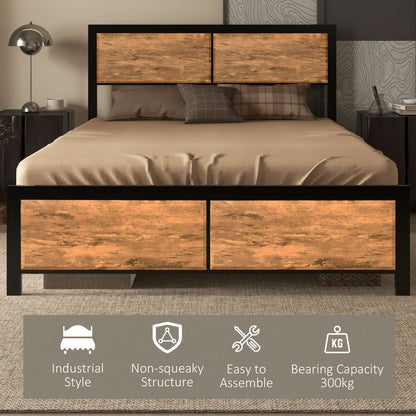 King Size Bed Frame Steel Bed Base with Headboard 160 x 207cm Brown